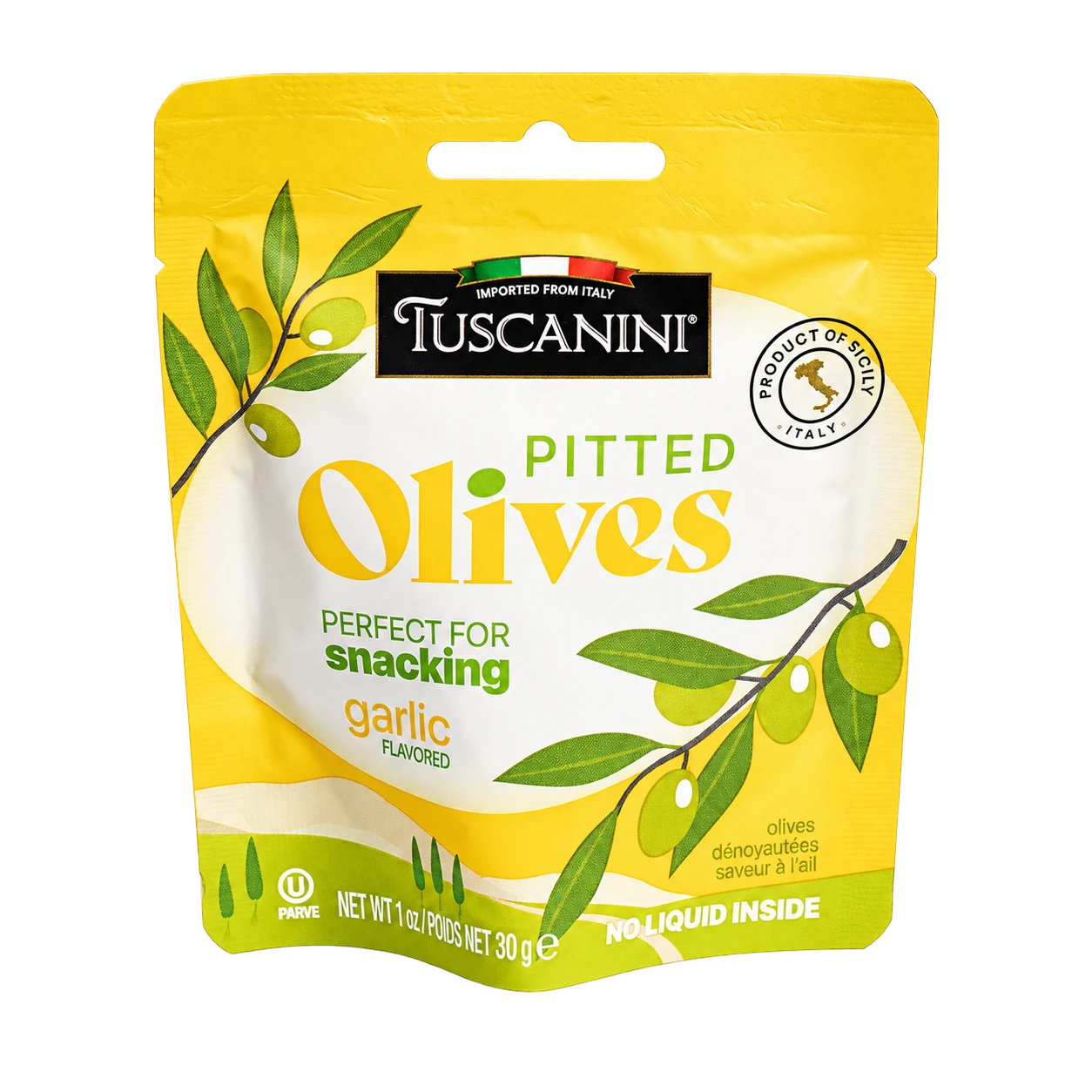 Garlic Pitted Olives Pouch — enhanced original product photograph