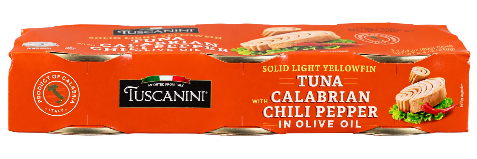 Solid Light Tuna in Olive Oil with Chili Peppers - Three Pack — enhanced original product photograph